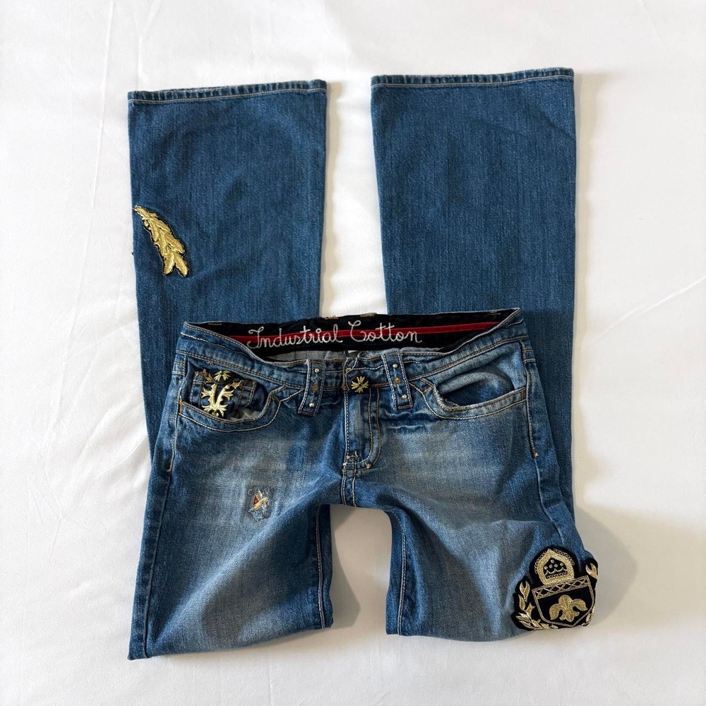 Industrial Cotton Patchwork Flare Jeans Women Size 5 Blue Low Rise Y2K